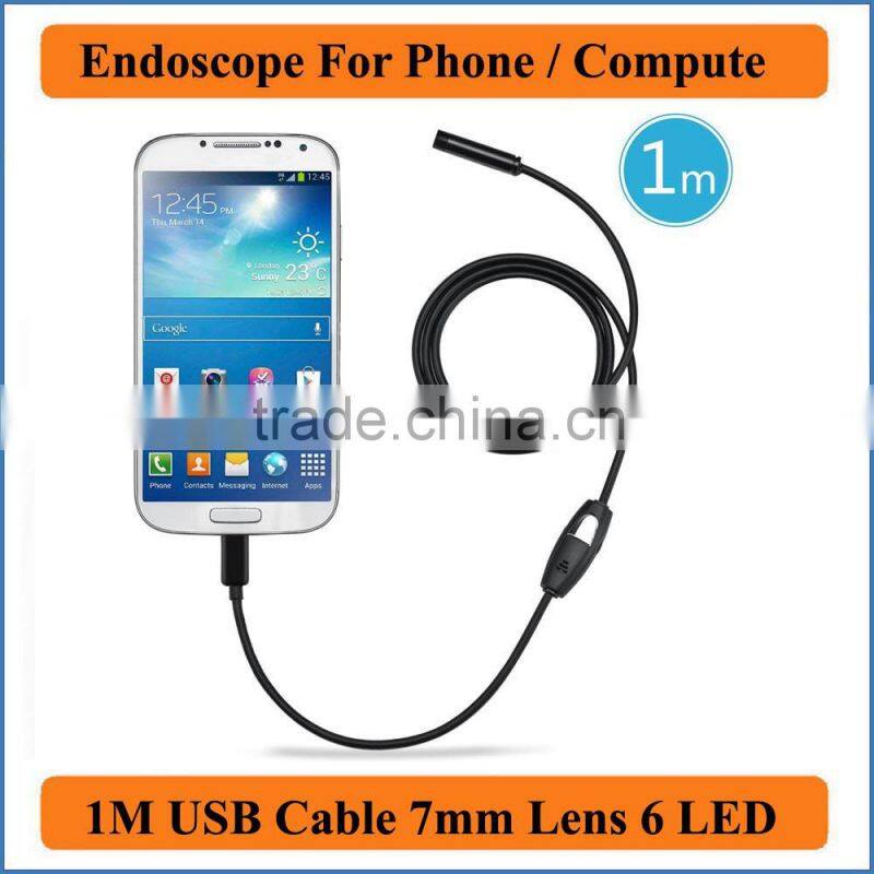 Waterproof USB Endoscope for mobile phone and compute PC laptop 7mm lens 1M USB cable Focus Camera 6 LED