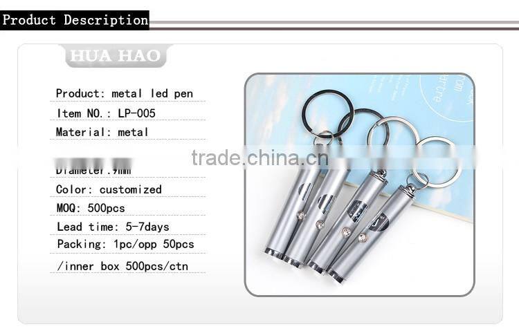 Promotional logo led metal key chain pen advertising logo mini led light ball pen drive key chains