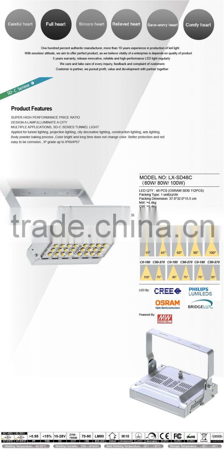 Adjustable Bracket CE Rohs Meanwell Driver 100-140lm/W Different Beam Angle Modular Design 80W LED Tunnel Light