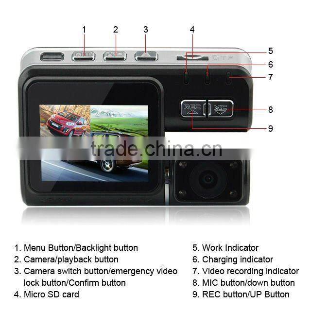 2.0 inch HD TFT 120 Degree Wide angle + G-sensor + dual camera video registrator
