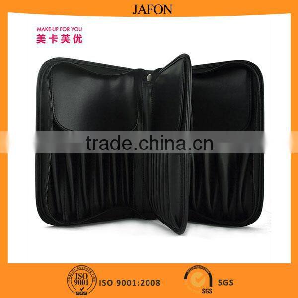 High quality black pu can put 29pcs brush cosmetic fold makeup bag with zipper
