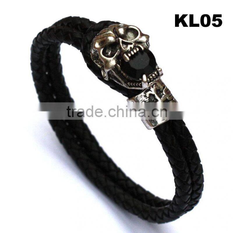 Black Leather Braided Wristband Tibetan Silver Clasp Men Punk Skull Bracelet