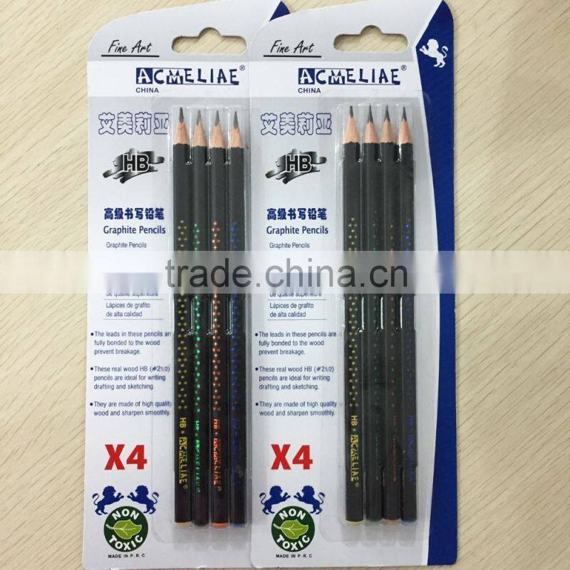 7" standard size triangular shape soft wood matt black body blister card HB pencil sharpened with dipped top