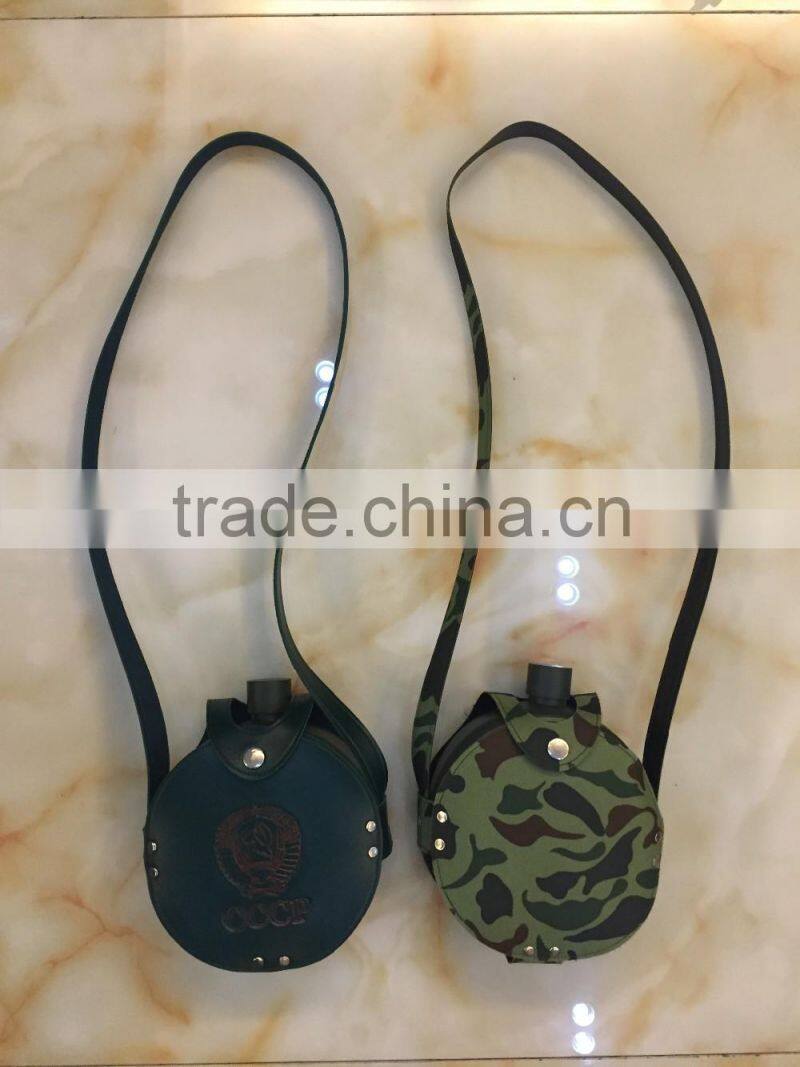 42oz round hip flask with print logo and spray pain coating then in leather bag.