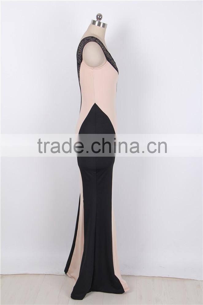 Hot wholesale 2016 newest arrival two colors combination full length evening dress one sleeve