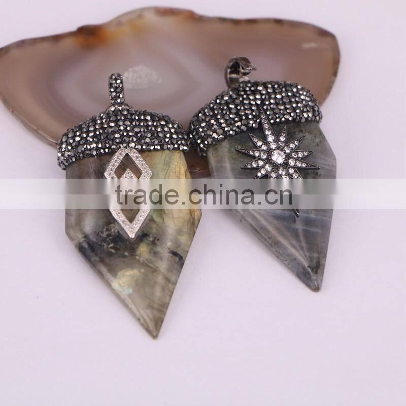 Natural Labradorite Pendant, Pave Crystal Zircon Labradorite Gem stone Arrow Point Pendant, For Jewelry Making
