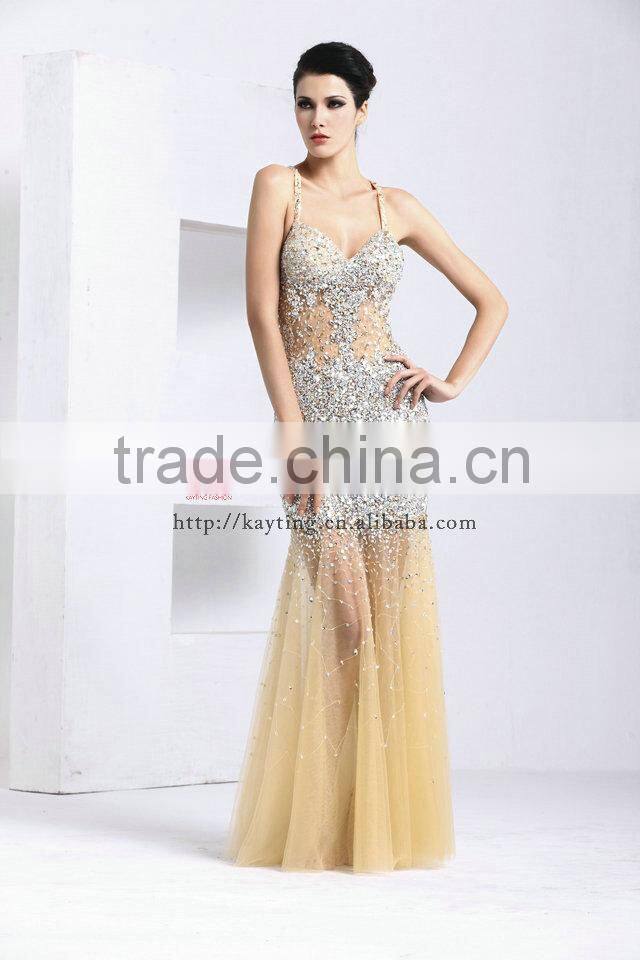 New design sexy spaghetti strap backless sexy evening dress