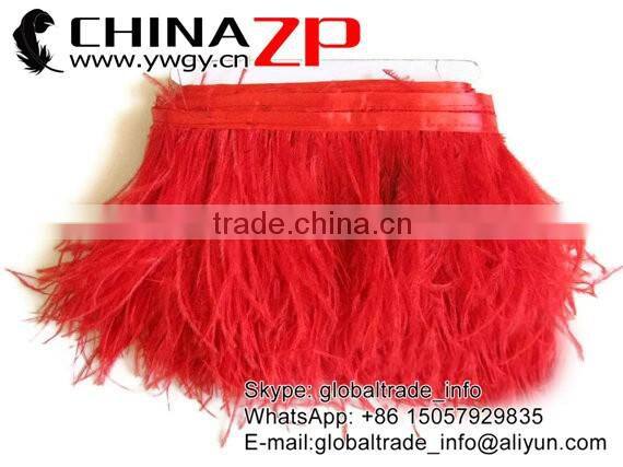 CHINAZP Hot Sale Feather Size 5-6 Inch Strip Two Ply Dyed Red Ostrich Fringe Trim Feathers on Ribbons