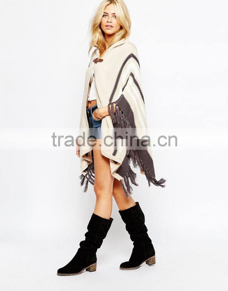 ladies knitted hooded Buckle Caped Cardigan
