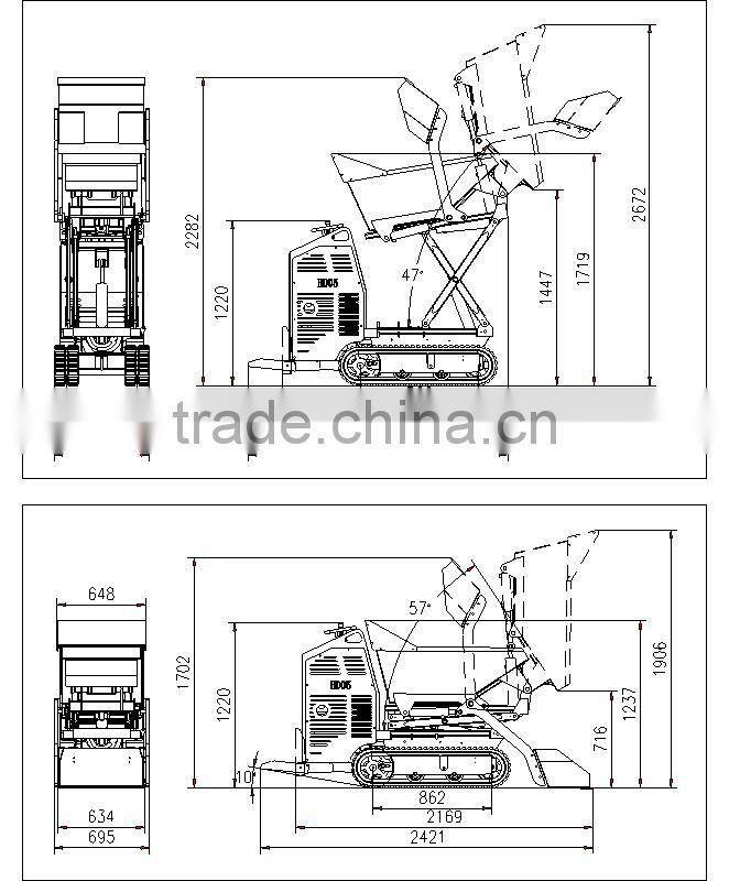 500kg load capacity rubber track dumper with hydraulic system