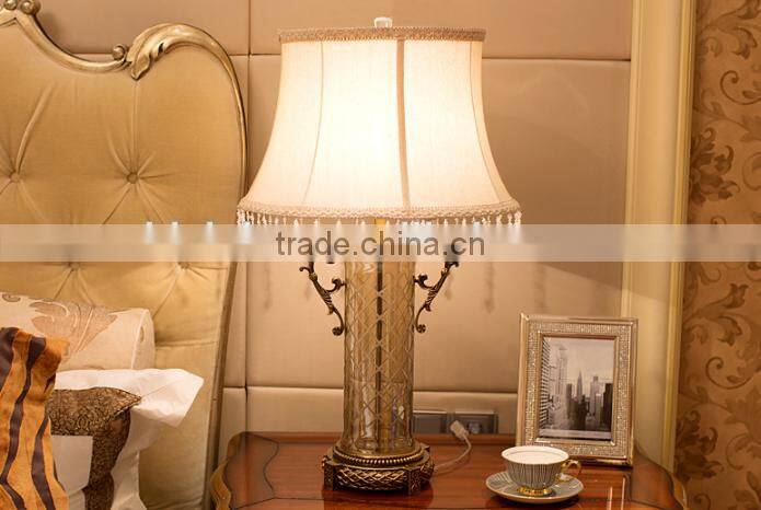 Dark brown cylindrical glass lamp body metal bottom table lamp with fabric lampshade