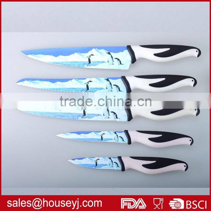 5 pcs kitchen knife set with plastic rotatable knife block blade with printing coating