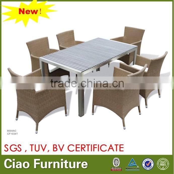 Viro wicker outdoor rattan 6 chairs with PS wood top table