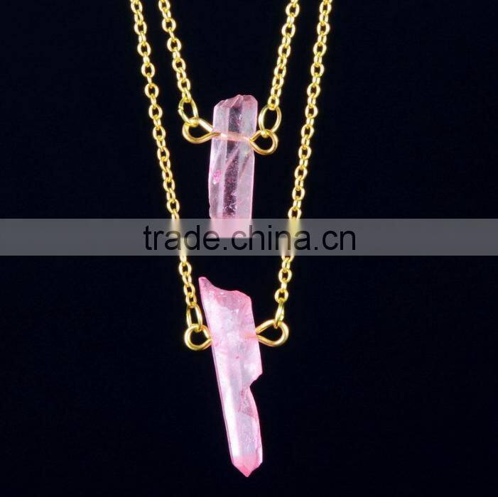 New Fashion Wholesale Delicate Natural Stone Pendant powder crystal necklace Crystal Gold Metal Necklace