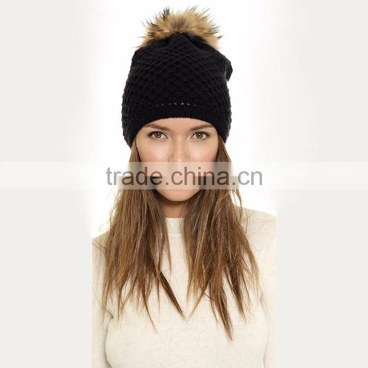 HAODUOYI Winter Knit Fur Ball Decorated Hat Warm Caps for Wholesale