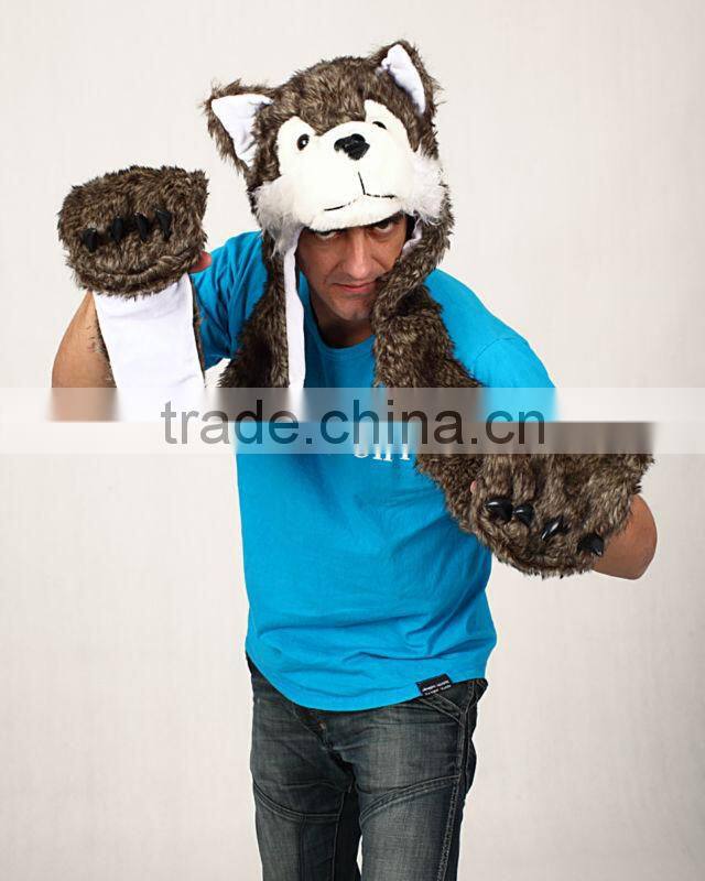 PLUSH ANIMAL HOODED SCARF FAUX FUR WOLF HEAD HAT