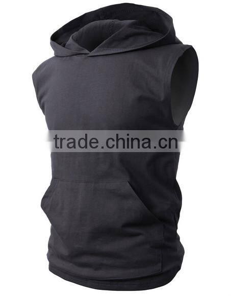 OEM new design cotton plain mens custom sleeveless hoodie with pocket