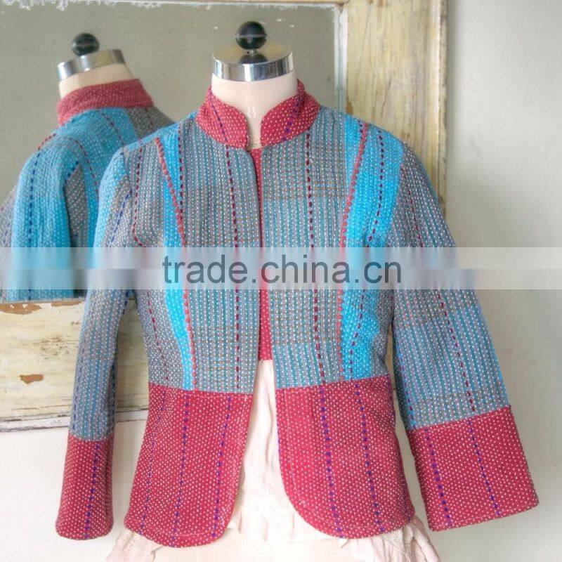 Vintage Kantha Jacket in Turquoise & Brick Red Color ~ Small