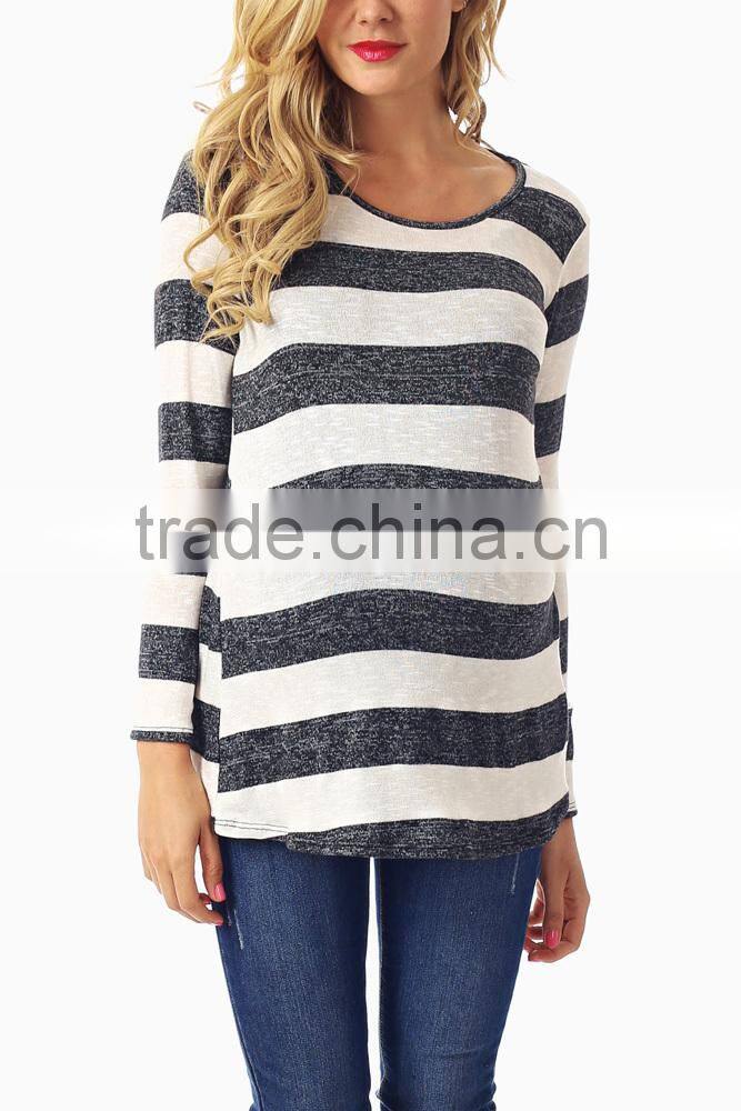 BLACK WHITE STRIPED KNIT BUTTON BACK MATERNITY TOP