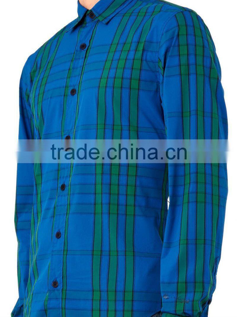 Royal-blue, green and navy graphic check-printing cotton-blend t shirt