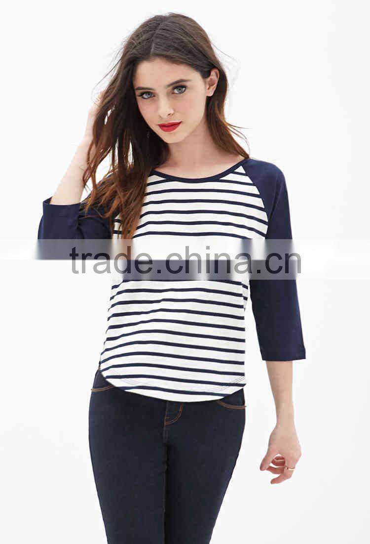 OEM production woman tee shirts striped baseball tee shirts wholesale