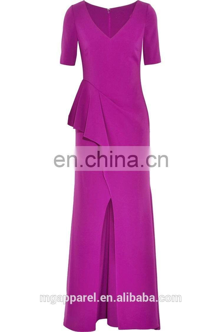 latest fashion purple evening dress front slit purple crepe evening gown, evening dress alibaba china