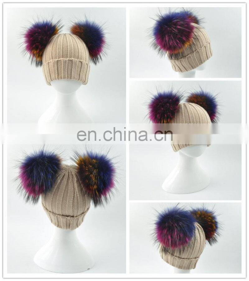 Wholesale Custom Colorful Double Poms Hat Winter Newest Cute Kids Hats Knitting Beanie Hat Kids