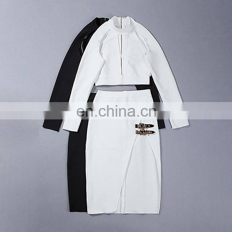 Amigo 2017 christmas party bandage dress 2pcs dresses with white long sleeve hollow out crop top and midi high vent skirt