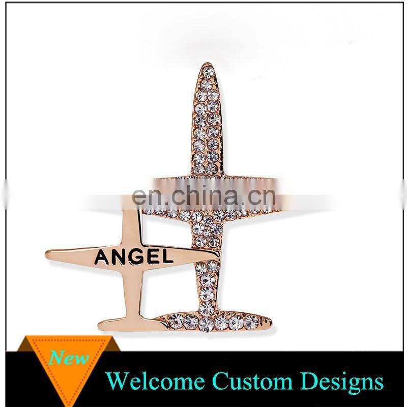 2017 Hot sale rose gold plated large metal airplane brooch with rhinestone