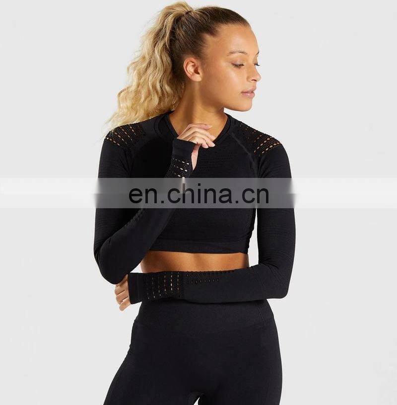 Long Sleeve Running Shirts & Full Length Gym Fitness Tights set womens seamless Crop Top Gym yoga set