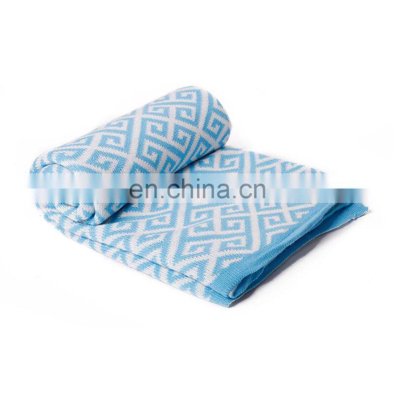 50''x60''Soft Geometric Pattern Cozy Blue Knitted Throw Blanket for Couch/Sofa/Travel