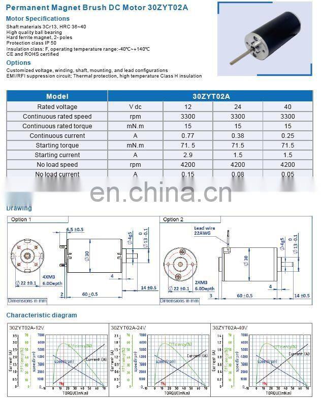 30zyt 30mm Permanent Magnet DC Motor, Ball Bearing, Long Life
