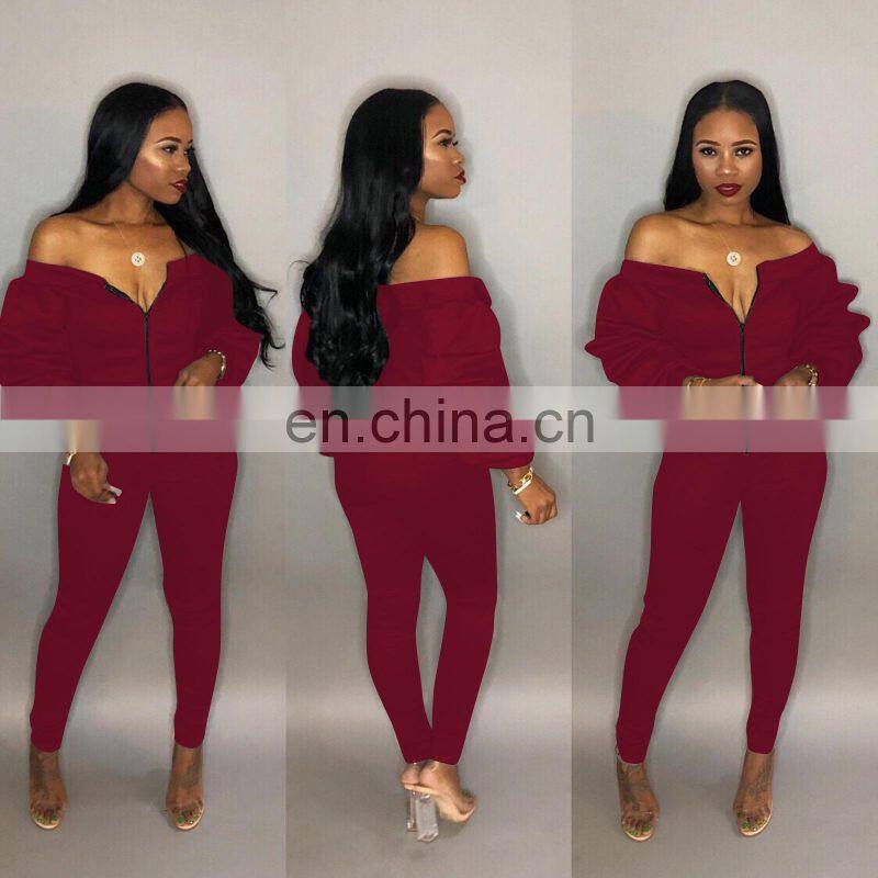 Clothing wholesale custom fashion trend strapless sexy jumpsuit zipper puff sleeve trousers plus size women's clothing
