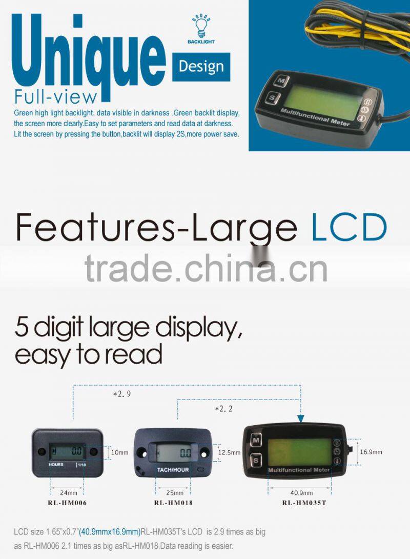 Digital LCD tach hour meter thermometer temp meter for gas engine motorcycle marine jet boat buggy tractor pit bike paramotor