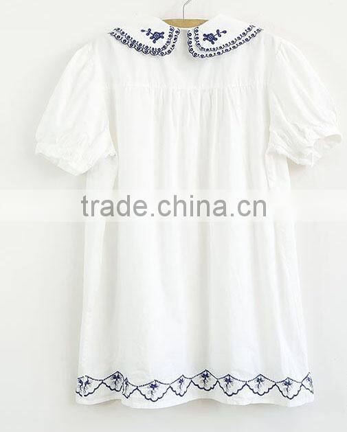 ladies cotton white shirt embroidery two layer collar short sleeve blouse