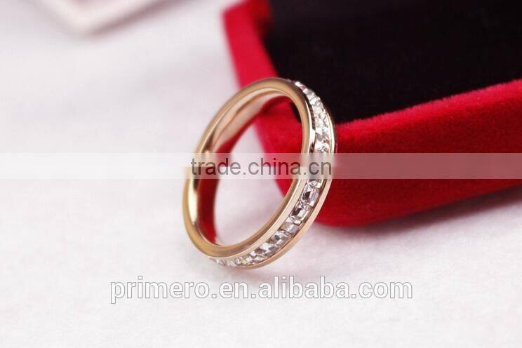 Super Flash Titanium Steel 18k Rose Gold Plated Full Paved AAA CZ Diamond Stone Ring