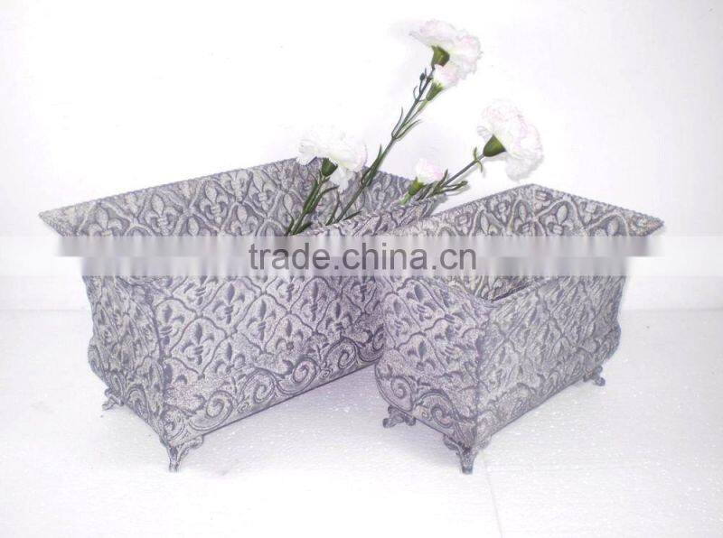 S/2 Rectangle Embossed Metal Flower Container