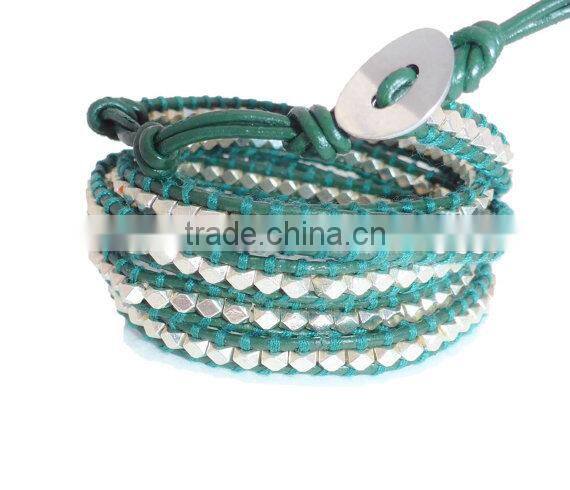 Dark Green Leather Wrap Bracelet with Silver Plated nugget beads