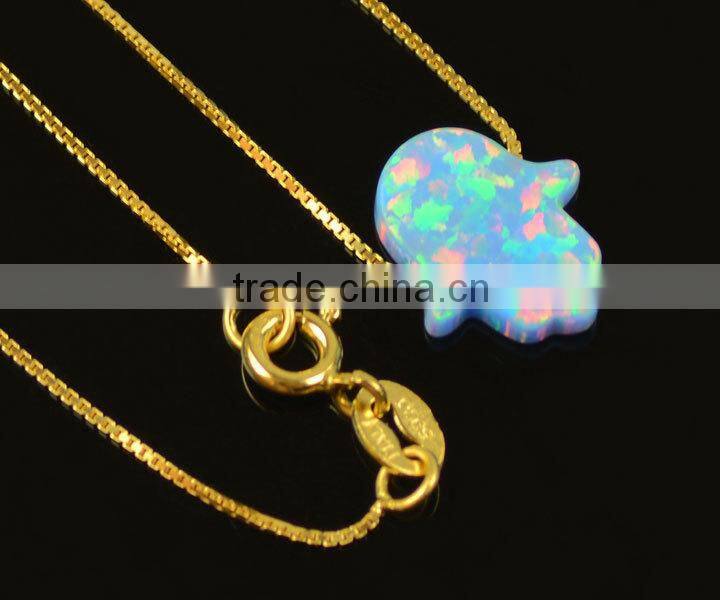 Fashion 11x13mm OP55 Gold Plating sterling silver pink synthetic opal hamsa halskette
