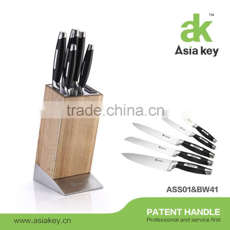 6Pcs Stainless Steel Kitchen Knife Set, Wooden Block Sharpener