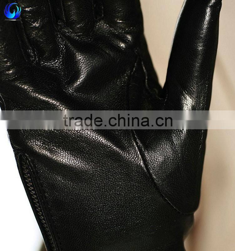 Fancy women wool lined black sheepskin leather touchscreen gloves with zipper