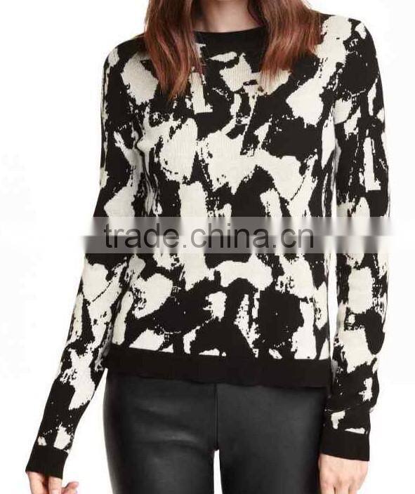 2016 New products ladies' round neck long sleeve pullover black jersey knitted sweater with print