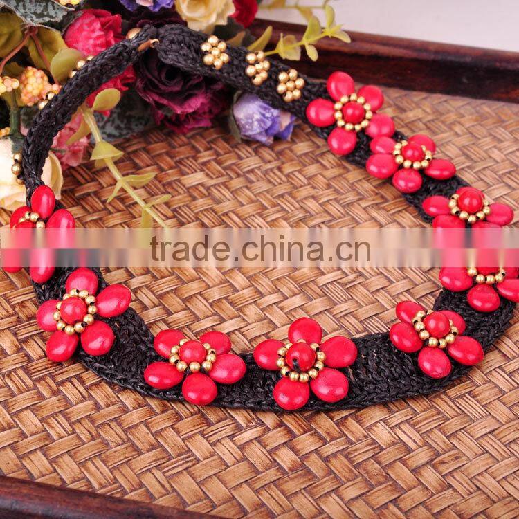 wax cord red tophus ethnic embroidery hand made necklace for women