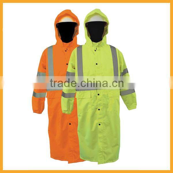 Safety Flourescet yellow &orange waterproof rain gear wear rain suit polyester /pvc nylon/pvc hi visibility raincoa