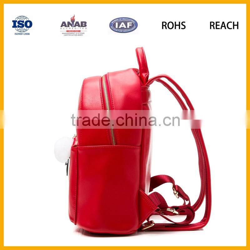 Factory Promotional Funny Cute Style Soft PU Leather Red Color Backpack Schoolbag Leisure Bag for Girls