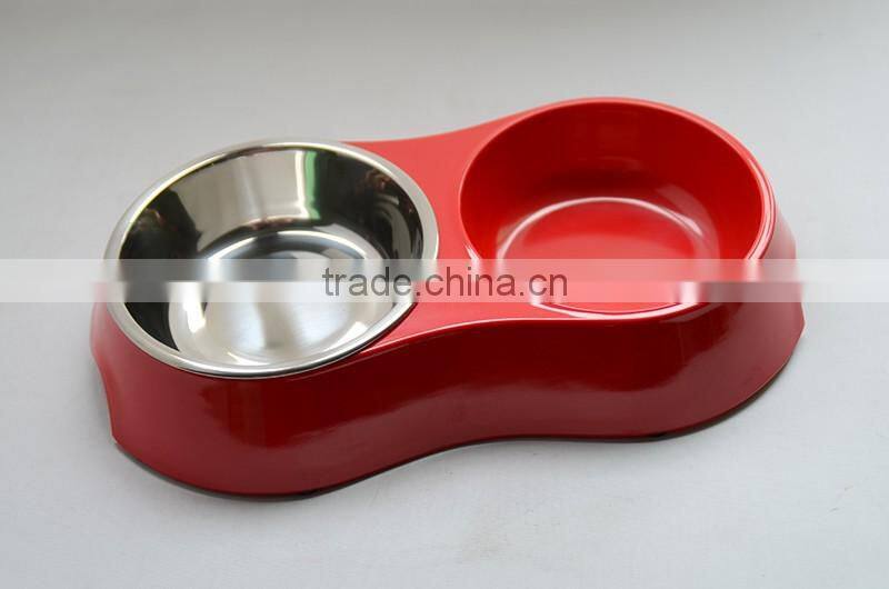 High quality stainless steel 18/8 pet bowl with melamine base, double dog bowl for both water and food