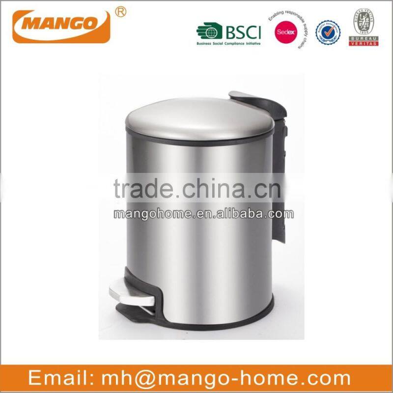 Round stainless steel pedal garbage can with soft close cover