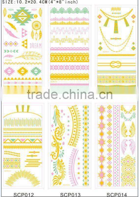 SCP09-14 cheap flash tattoo paper metallic temporary color gold fiol jewelry tattoo stickers for women