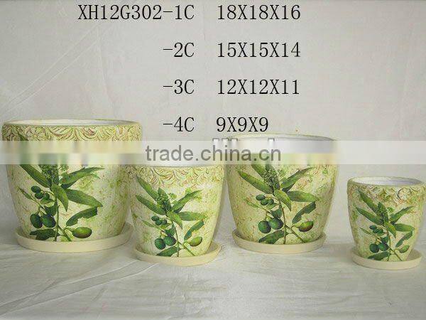 Round Ceramic flower pots with leaf design
