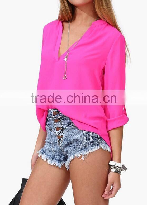 2015 European Solid V-Neck Chiffon Women Blouses Sexy Spring Summer Shirt Causal Women Tops Clothing